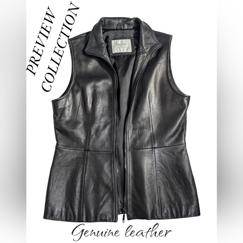 PREVIEW COLLECTION Luxury vintage genuine leather sleeveless zip-up black vest